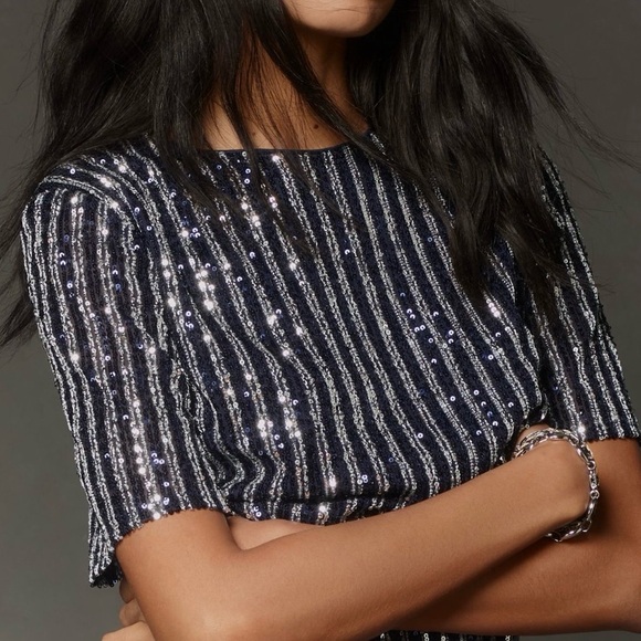 Anthropologie Flat White Short-Sleeve Sequin Stripe Shift Midi Dress Medium - Picture 2 of 14